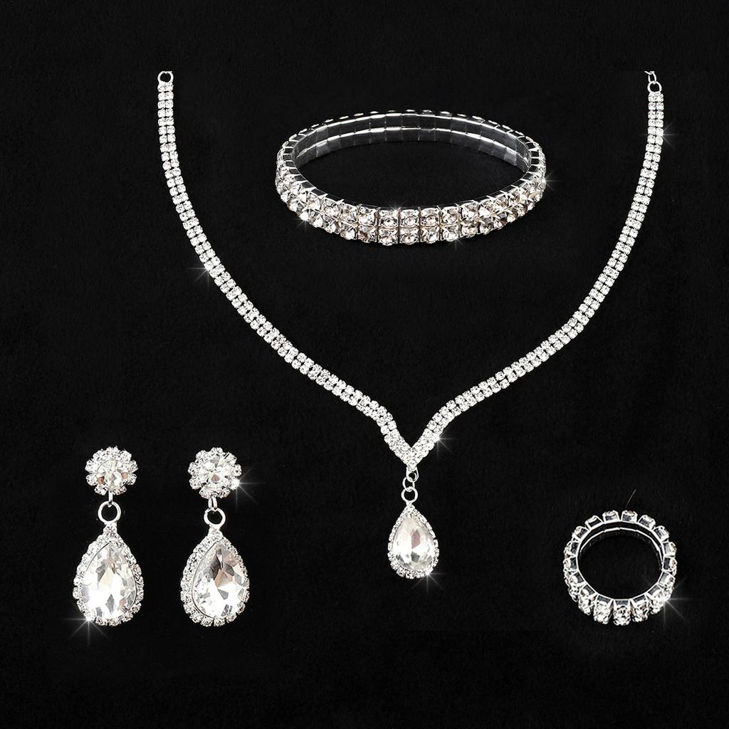 European and American bridal jewelry set simple zirconium water drop pendant rhinestone necklace earrings two wedding dress accessories