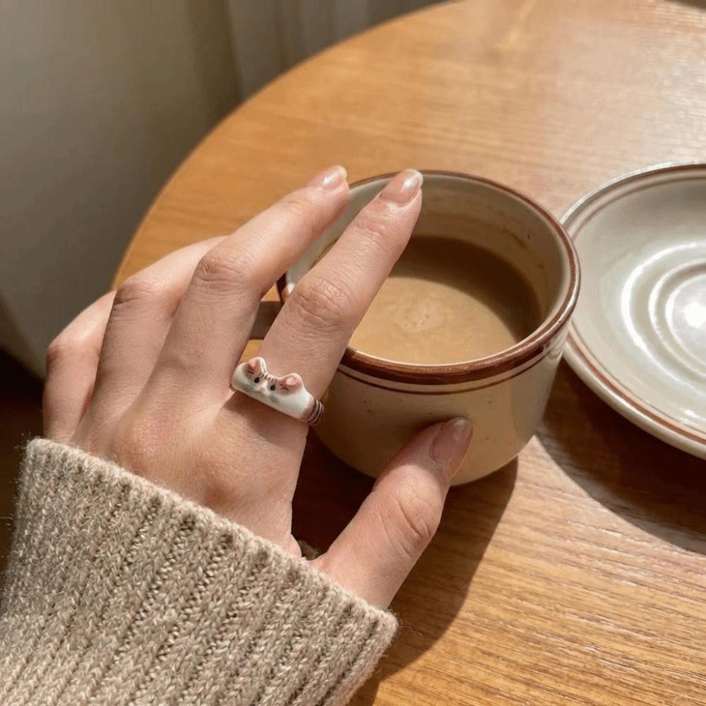 New Style Cartoon Ragdoll Cat Ring Unique Design Finger Ring Gift Resin Ring  School