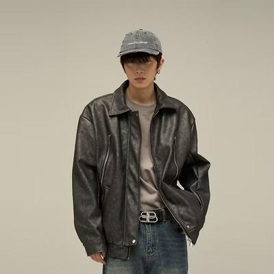 American Retro Cold Style Jacket Men's High Street Fashion Brand Distressed PU Leather Jacket Trendy Men's and Women's Same Style Leather Jacket