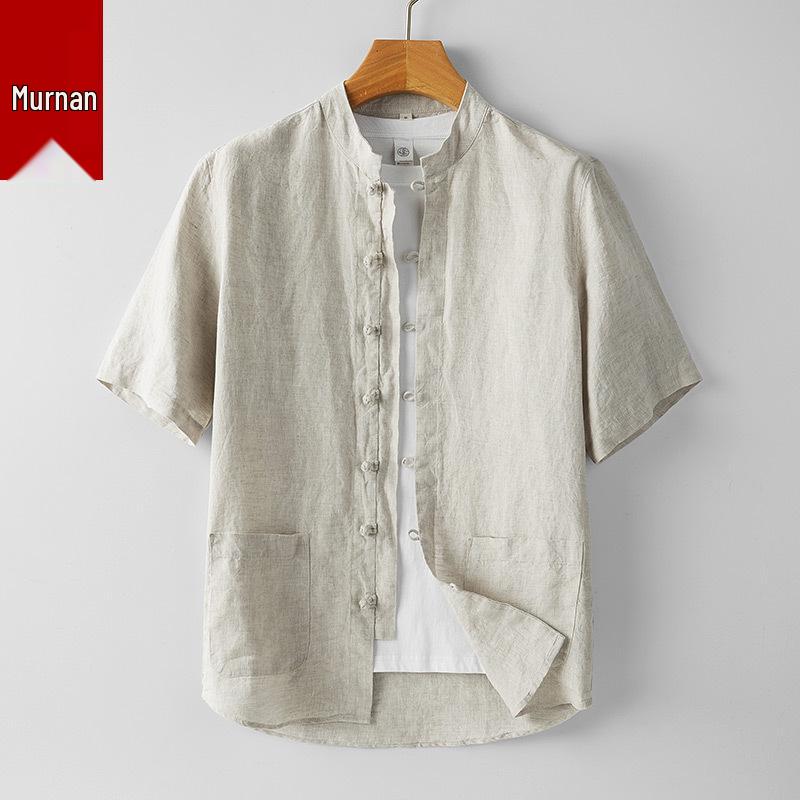 

Мужская льняная рубашка в китайском стиле с коротким рукавом и воротником-стойкой в ретро-стиле M льняной