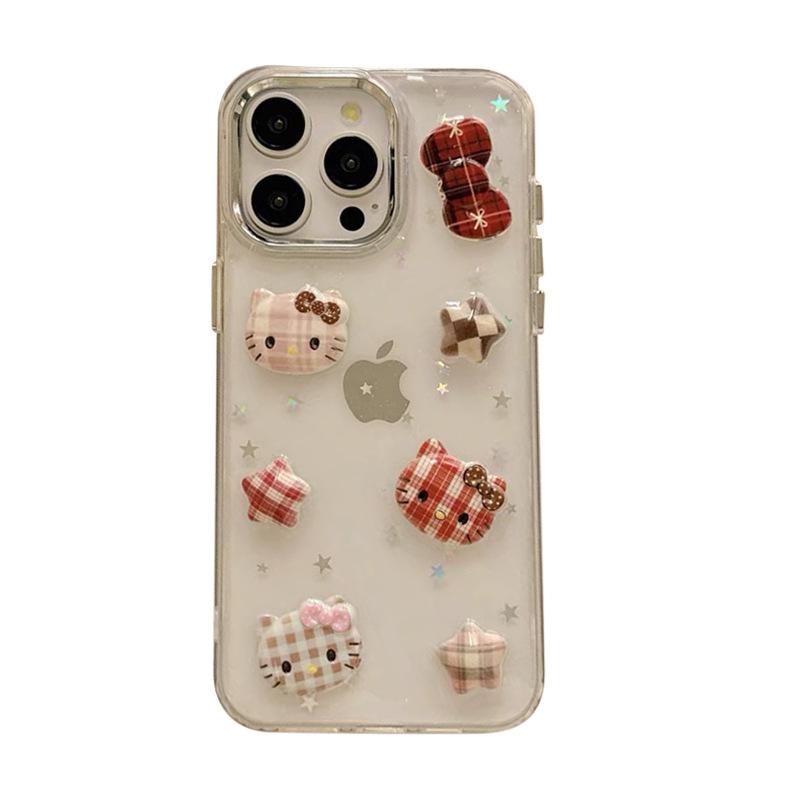 Cartoon Kt Cat Plaid Bow Star Mobile Phone Case For Iphone17Promax Transparent Apple 15 Glitter