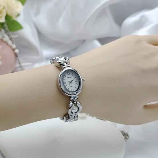 Ladies Bracelet Watch Faux Pearl Oval Dial Watch Women Vintage Quartz Wristwatch Elegant Dress Watch for Party Date
