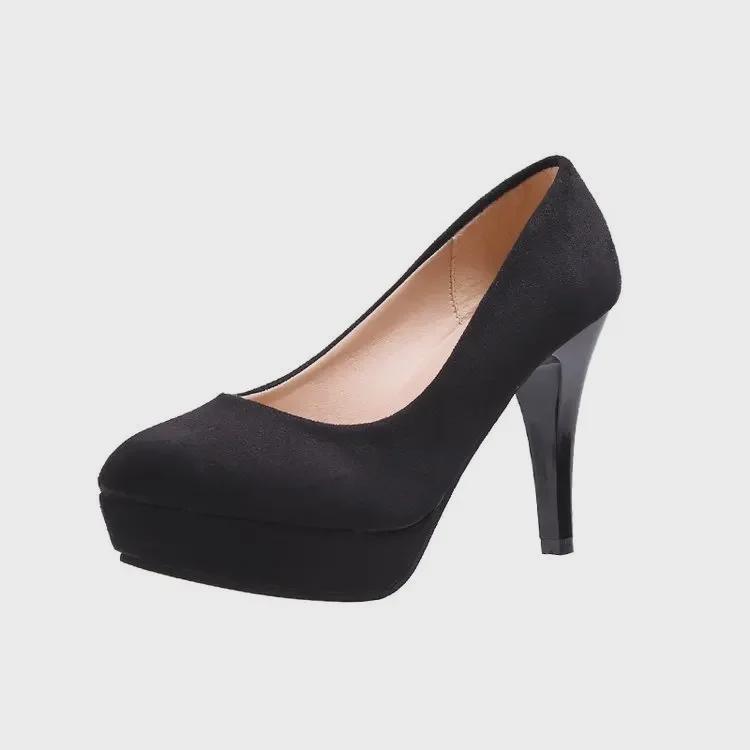 Koreańskie zamszowe buty na wysokim obcasie z okrągłym noskiem, profesjonalne damskie
