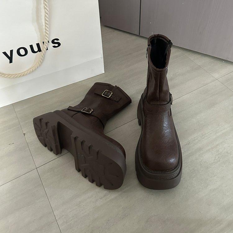 Vintage British Style Velvet Martin Boots Women's 2025 Autumn and Winter New Side Buckle Thick-soled Western Cowboy Chelsea Short Boots