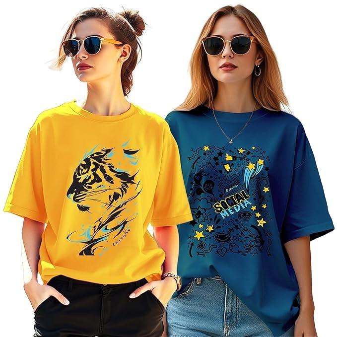 Designer Graphic Front Printed Loose Fit Top Women's Cotton Blend T Shirt Combo
