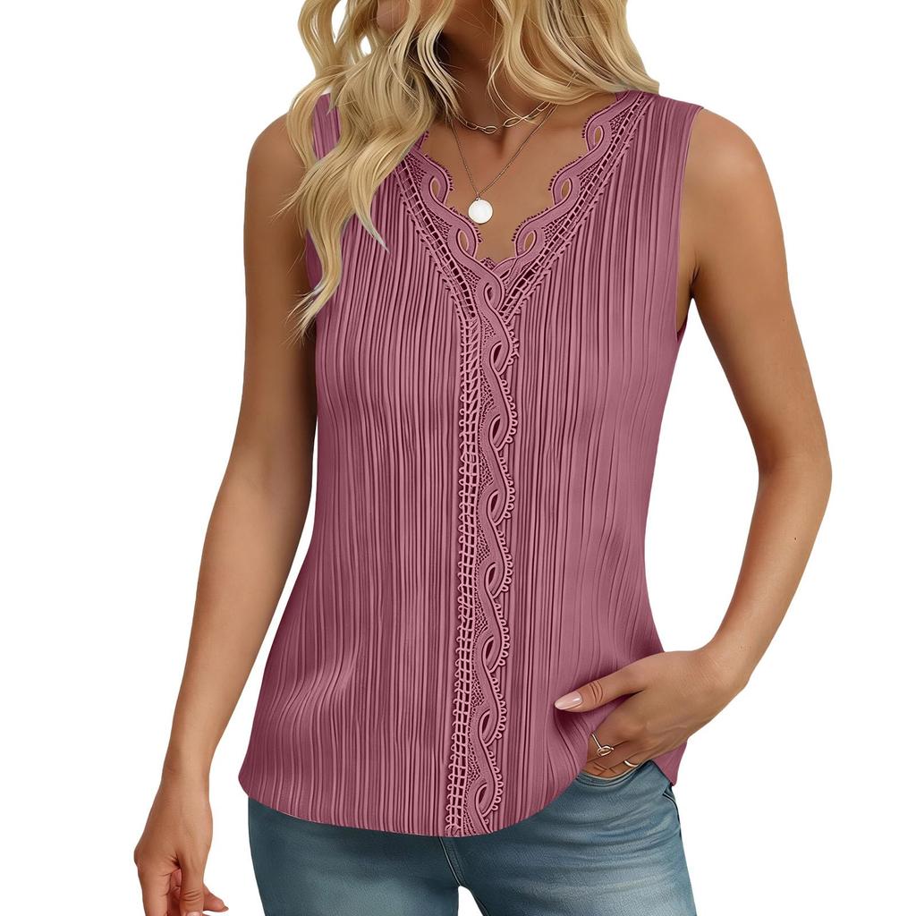 Women Loose V Neck Sleeveless Going Out Casual  Lace Trim Tank Tops