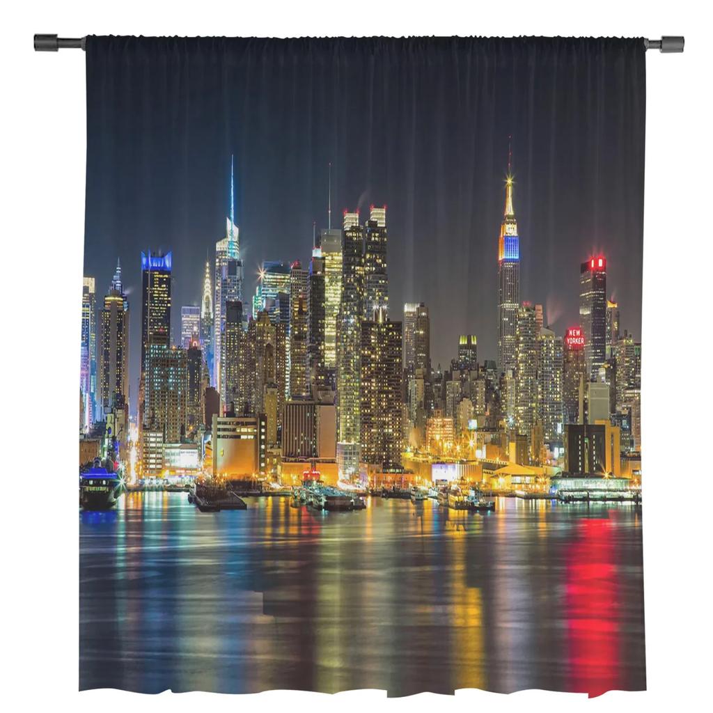 Manhattan City Night View Skira gardiner för vardagsrumsdekoration Tyll Voile Organza Fönstergardiner för kök sovrum