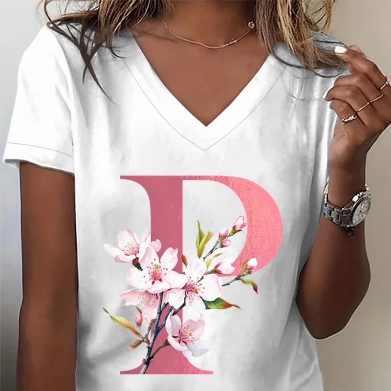 Pink Sakura Alphabet Graphic T Shirts Unisex Az 26 Alphabet Pink Flower Cartoon Tshirts Cherry Blossom Letters C Casual Tops