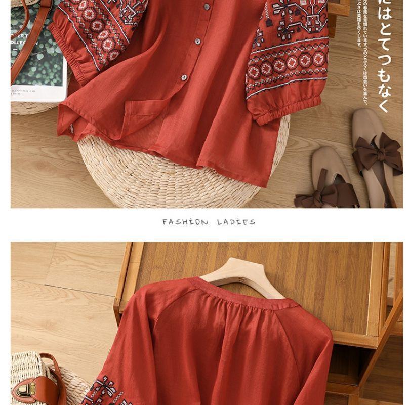 41 Retro Embroidered Lantern Sleeve Top - Women's Cotton & Linen Summer Shirt