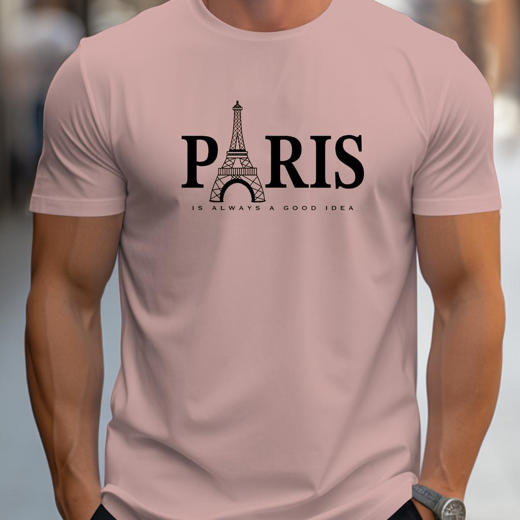 Summer Loose Size PARIS Letter Print T-shirt Casual and Comfortable Round Neck Short Sleeve T-shirt Men's Cotton Short Sleeve