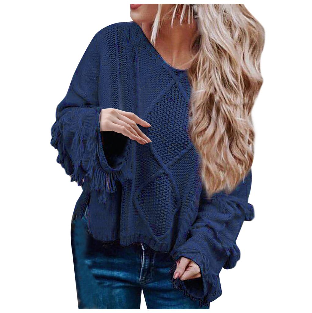 Women's  And Winter Loose Solid Color Wide Sleeve Tassels Stitching Long-sleeved  Knit Sweater Top