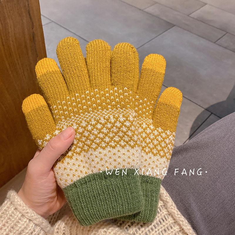 Retro Warm Student Touch Screen Five Finger Gloves for Women in Autumn and Winter Plus Velvet and Thickening  Cute Bicycling Couple's Fingers