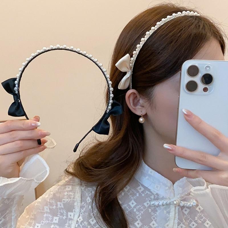 White Artificial Pearls Bowknot Headbands Comfortable to Wear Hair Styling Tool for Fashionable Women Teens Girl Party Use