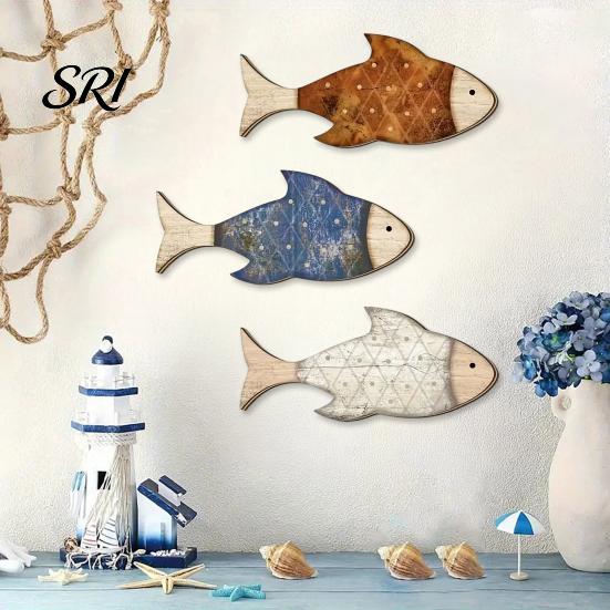 Eco-friendly Wall Decor 3 Pcs Rustic Wood Fish Art Beach Nautical Hanging Living Room Ocean Sculpture for Home Bathroom Solid