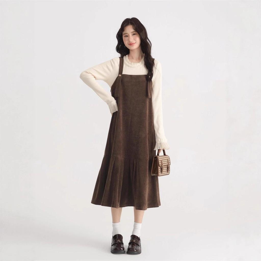 Women's French Corduroy Fishtail Overall Dress - Autumn/Winter Belly Slimming Suspender