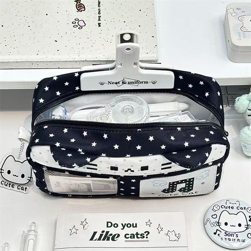 Pencil Case Adorable Cat Ear Design Large Capacity Pixel Music Themed Portable Stationery Organizer for Kids Daily Use
