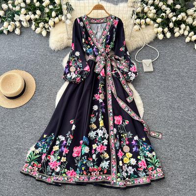Spring/Summer Bohemian Paisley Dress Holiday Long Sleeve Cross-V Neck Vintage Print Bandage Lace-Up Robe Maxi Dresses