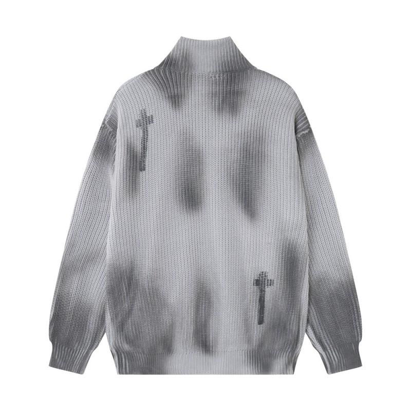 Mens Oversized Stand Collar Knit Cardigan With Distressed Tie-Dye Effect Streetwear Winter Sweater