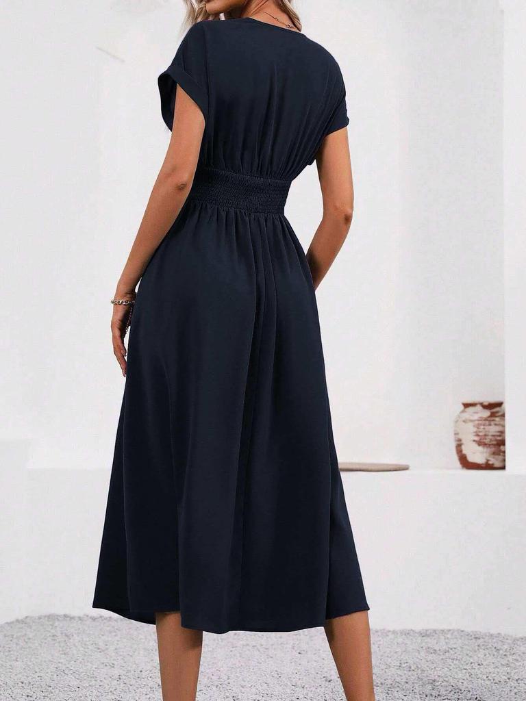 Women's 2026 Summer V-Neck Batwing Sleeve Pleated Dress