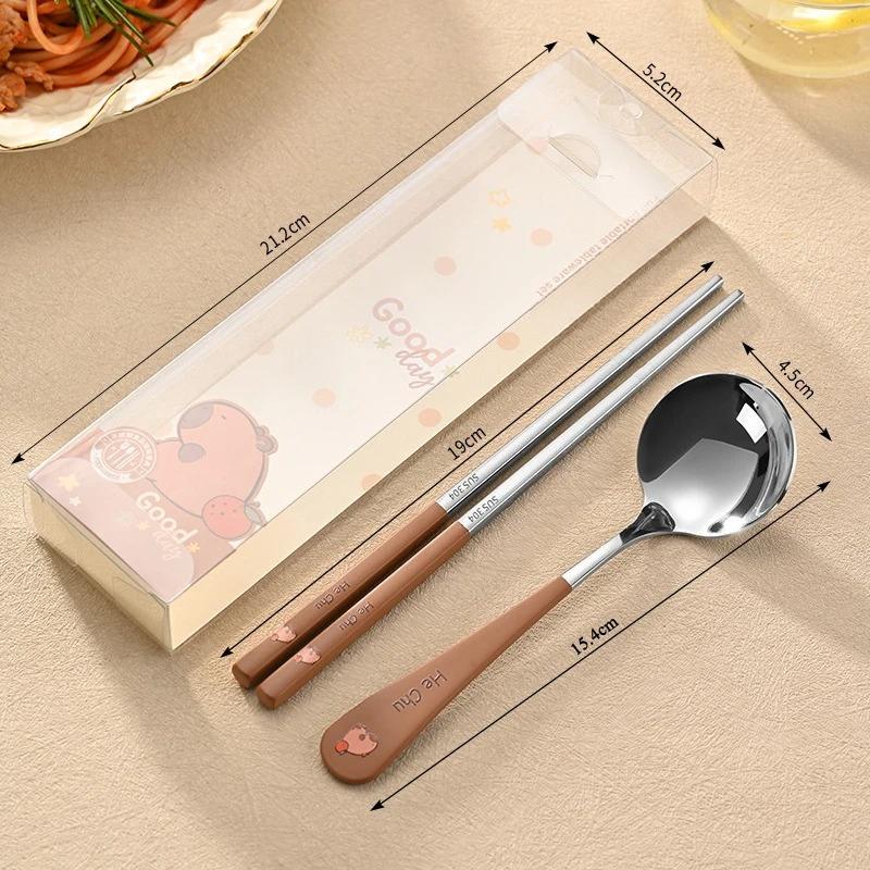1Pcs Portable Cutlery Set Stainless Steel Cute Cartoon Animal Pattern Handle Spoon Chopstick with Box Travel Student Dinnerware Set