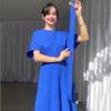 Women's Solid Color Fashionable Round Neck Short Sleeved Dress with Waist Belt and Slim Fit Long Skirt