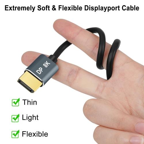 Thsucords Flexible Thin 8K 4K DisplayPort Cable 3M Certified Ultra Slim DisplayPort 1.4 Cord Compatible with 8K@60Hz 4K@120Hz 32.4Gbps Compatible with