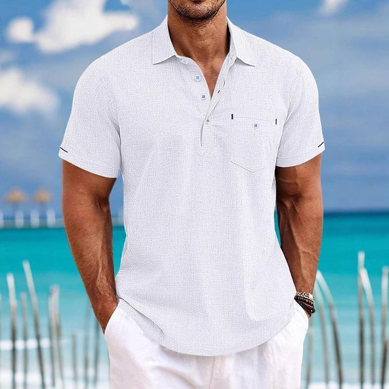 Men s Hawaiian Short-sleeved Beach Shirt Lapel Men s Shirt Cotton and Linen Top S