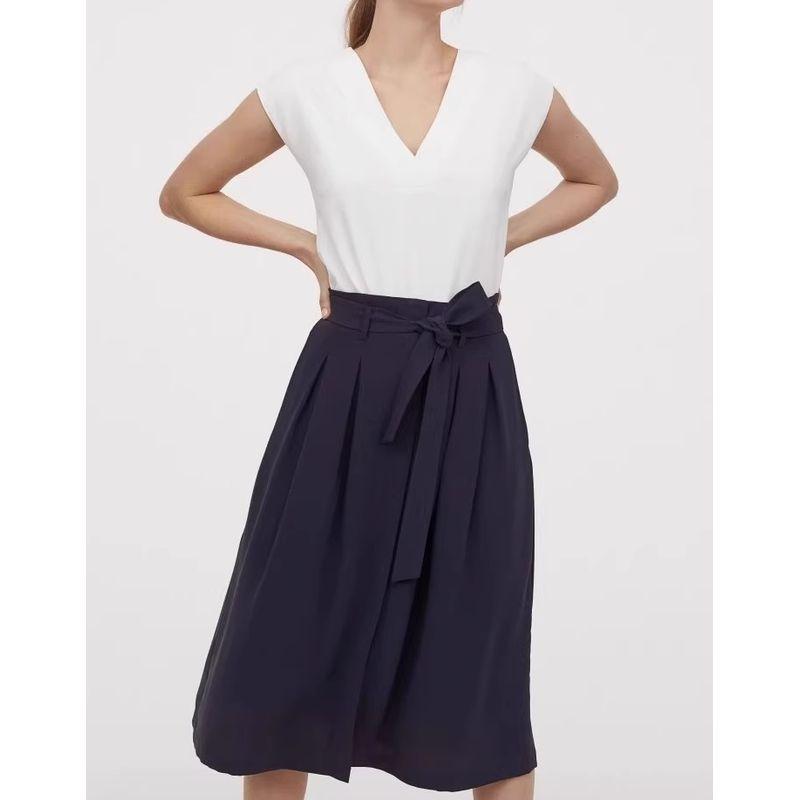 

Export Single H Cross-Border High Waist Textured Waist A- line Skirt New Arrival Chiffon Big Hem Dress with Belt in Autumn 2024 Dark Blue XXS(0)