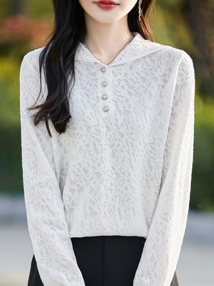 Women's French-Style Lace Fine-Knit Wool Hooded Sweater