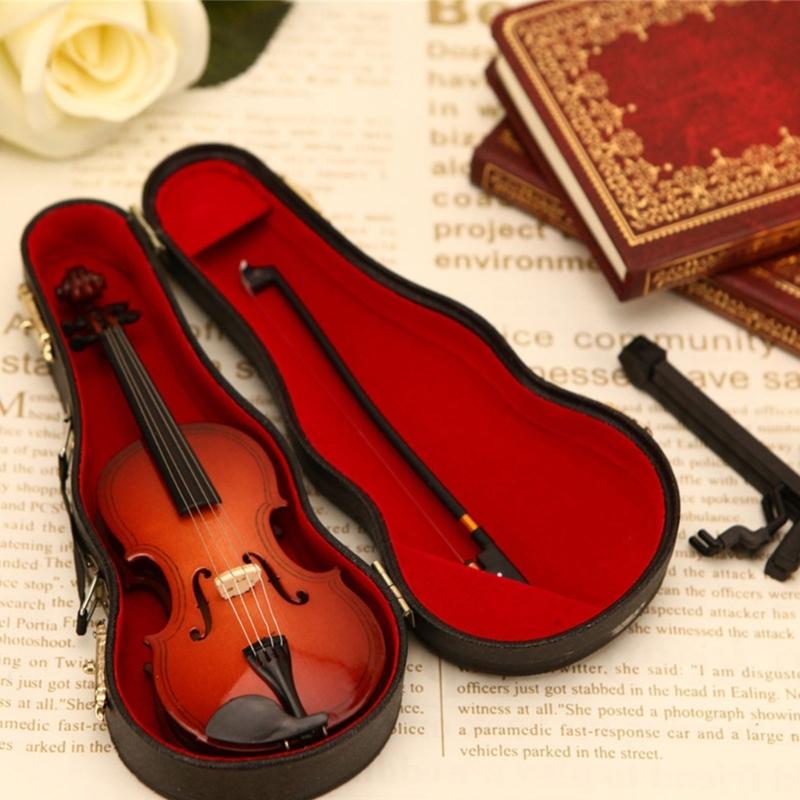 Mini Violin Model Set Wooden Miniature Violin with Stand,Case for Dollhouses Accessory Home Decoration Display Ornament