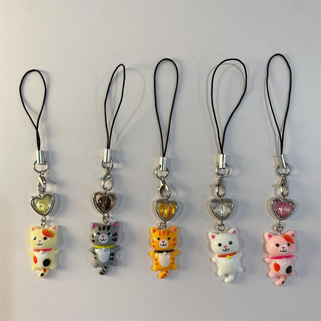 s 1 Piece Cute Cat Love Heart Mobile Phone Charms Fashion Beads Girls Keychains Lanyard for Keys Bag Decorations Strap