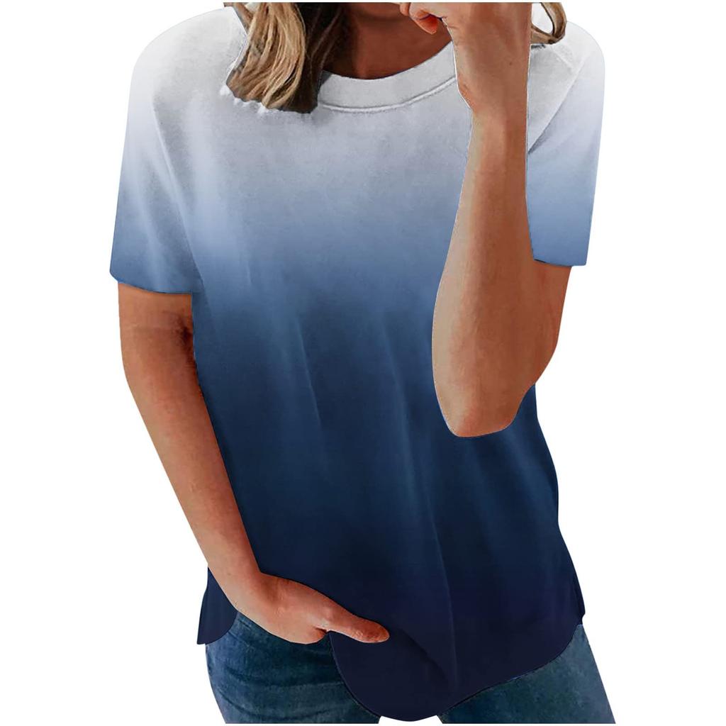 Women's Summer Gradient Printed Short Sleeve Round Neck Pullover T-shirt Top