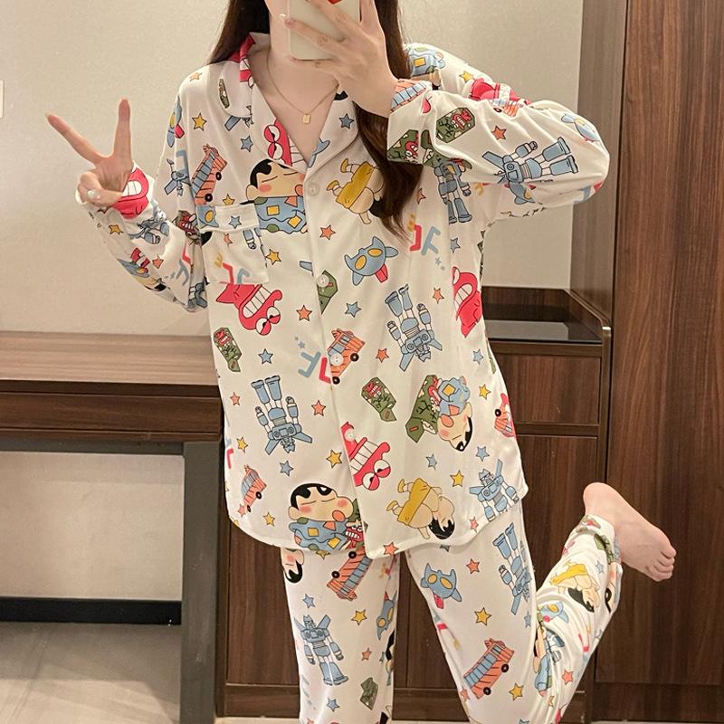 Women's Striped Long-Sleeve Cardigan Pajama Set - Korean Style