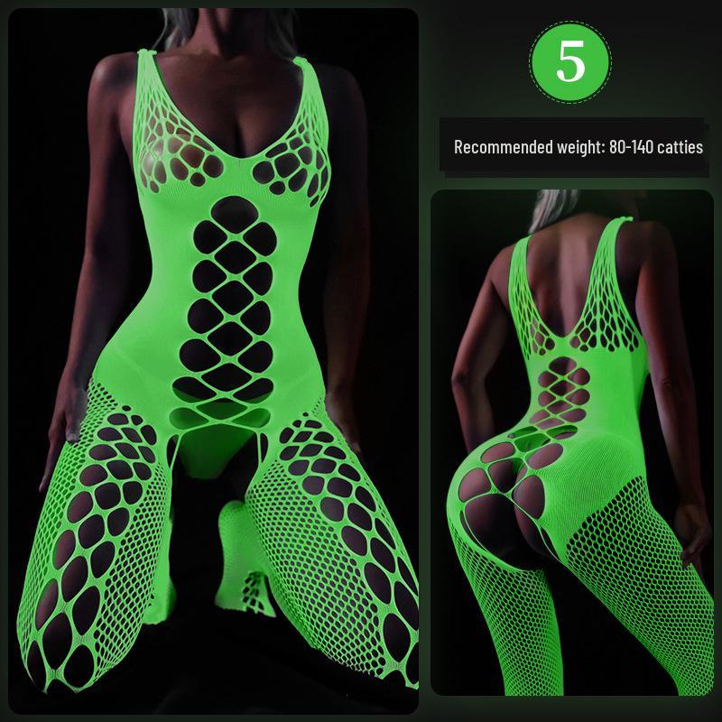 Glow-in-the-Dark Sexy Fishnet Bodysuit with Fluorescent Bandeau and Plus Size Glowing Stockings