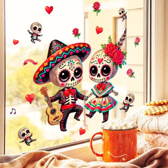 Waterproof Skeleton Art for Windows Halloween Cartoon Couple Window Stickers, PVC Day of The Dead Static Decals, Traditional Removable