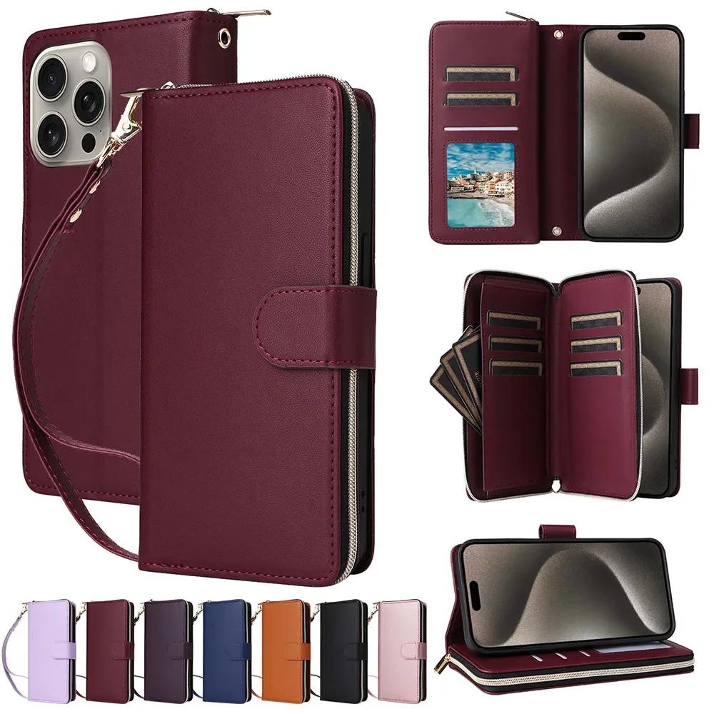 Luxury Zipper Wallet Leather Case For iPhone 16 Pro Max 15 Plus 14 13 12 Flip Magnetic 9 Card Ultra Thin Phone Cover Lanyard