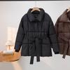 Winter Schlanker Damen Daunen Baumwollparka Knielang Kapuze Gürtel Mantel Gesteppte Jacke