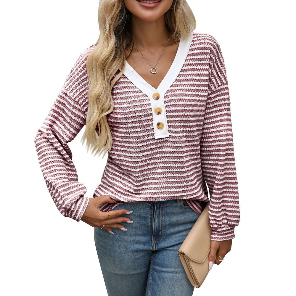 Women's V Neck Long Sleeve Loose Fit Casual Striped Knit Top Blouse for Daily Wear