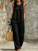 Women Sleeveless Front Pleated Crop Top Wide Leg Pants Set Solid Color Casual Outfit