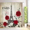 Butterfly Watercolor Floral Shower Curtain Romantic Paris Eiffel Tower Red Rose Flowers Plant Leaves Bathroom Decor with Hooks