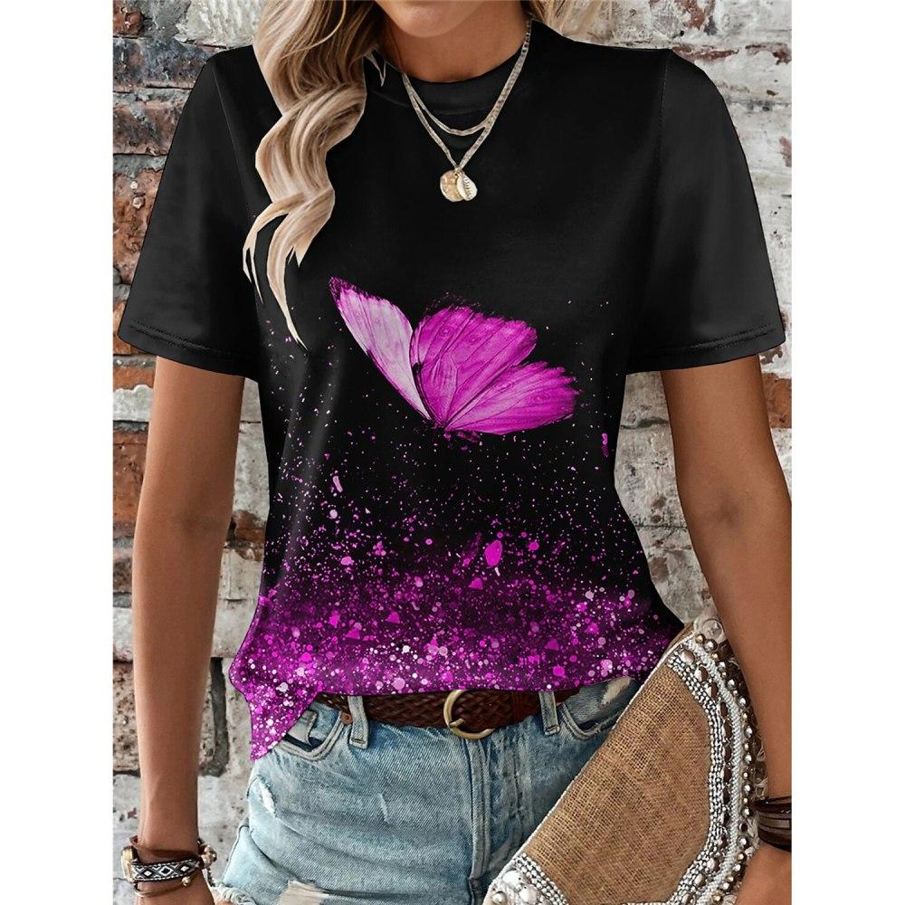 Women s T-Shirt Summer Butterfly Pattern Print Short Sleeve Fashion New Sexy Women s Clothes Print Tees Casual Women s Clothing S