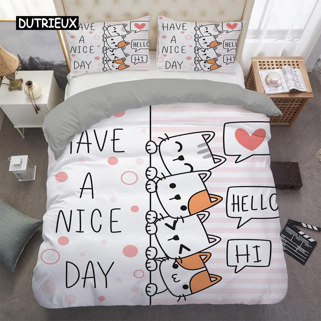 Home Textile Cartoons Cute Cat Quilt Cover Duvet Cover Pillow Case Boy Girl 2/3Pcs Polyester Bedding Set King Queen Twin Size