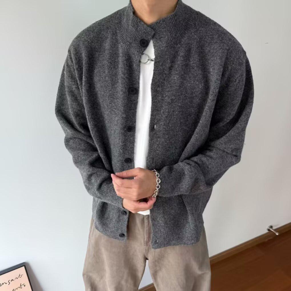 Осенне-зимний ретро-кардиган-свитер мужской хаки вязаный с воротником-стойкой XL