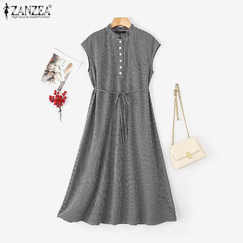 ZANZEA Women Casual Round Neck Summer Sleeveless Plaid Print Dress