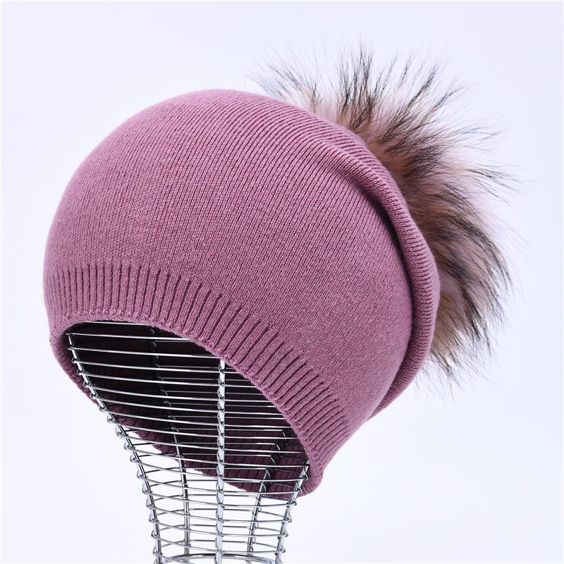 Real Raccoon Fur Pom Pom Knitted Hat Women Beanies Cashmere Winter Hat Female Girl Cotton Skullies Wool Beanie Hat