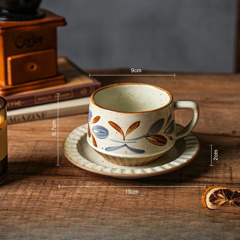 

High-class Sense of Retro Coffee Cups and Saucers Set of Creative Rough Pottery Flower Cups Household High-grade Exquisite Mugs 201-300ml