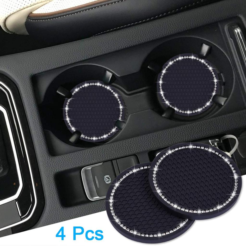 Wisdompro Car Non-Slip Coaster Bling Car Drink Holder Cup Mat Vinyl Anti-Slip Vibration Proof Round 70mm Diameter 4pcs Black