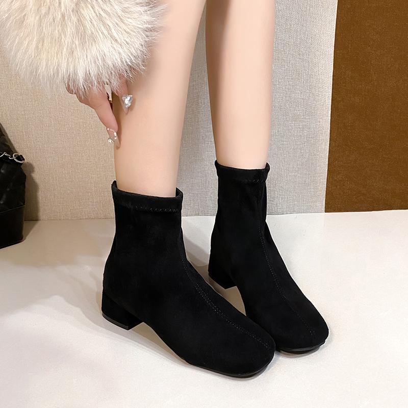 Winter Street Style Women Ankle Boots Elegant Square Toe Low Heel Shoes Female Vintage Stretch Slim Short Booties