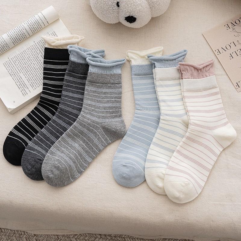 Socks Pure Cotton Boneless Medium Tube Socks Spring And Autumn Thin Hong Kong Style Retro Crimped Striped Cotton Stacking Socks
