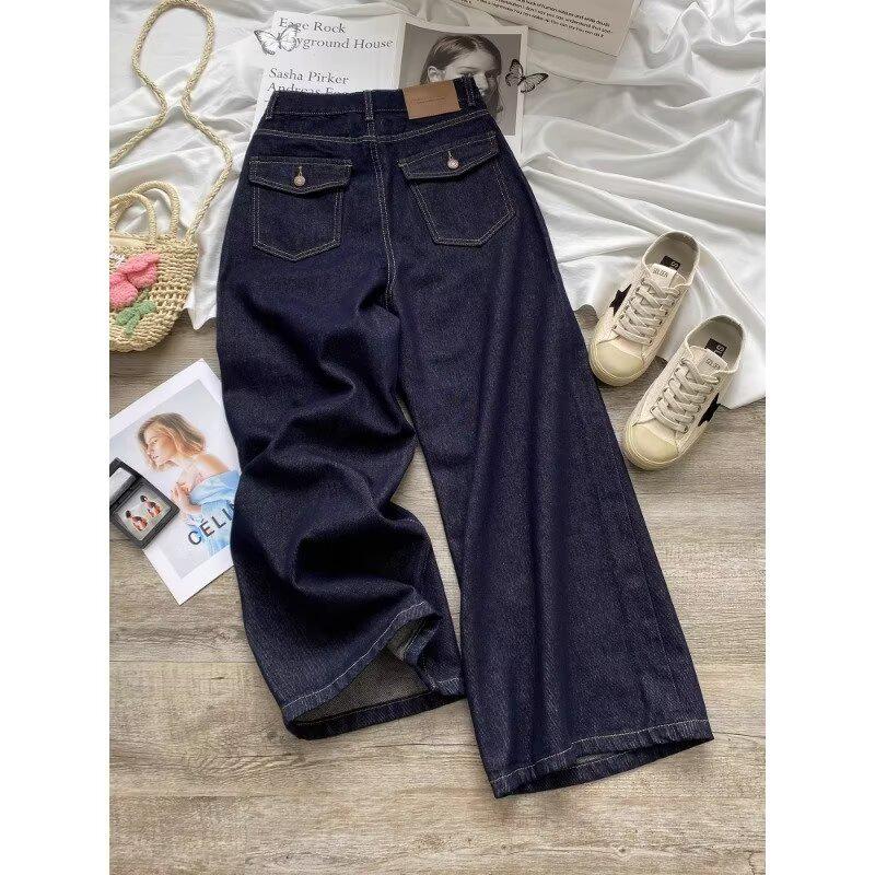 

Женские джинсы 2024 темно-синие с высокой посадкой и широкими штанинами - Стройнящие, длиной до пола, идеально подходят для весны и осени L темно-синий